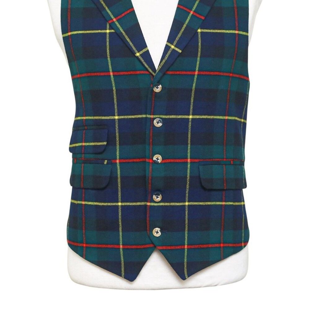 Mens Vest 44R Tartan Plaid Wool Blue Green Yellow Lapel Waistcoat Formal Wedding - Picture 5 of 9